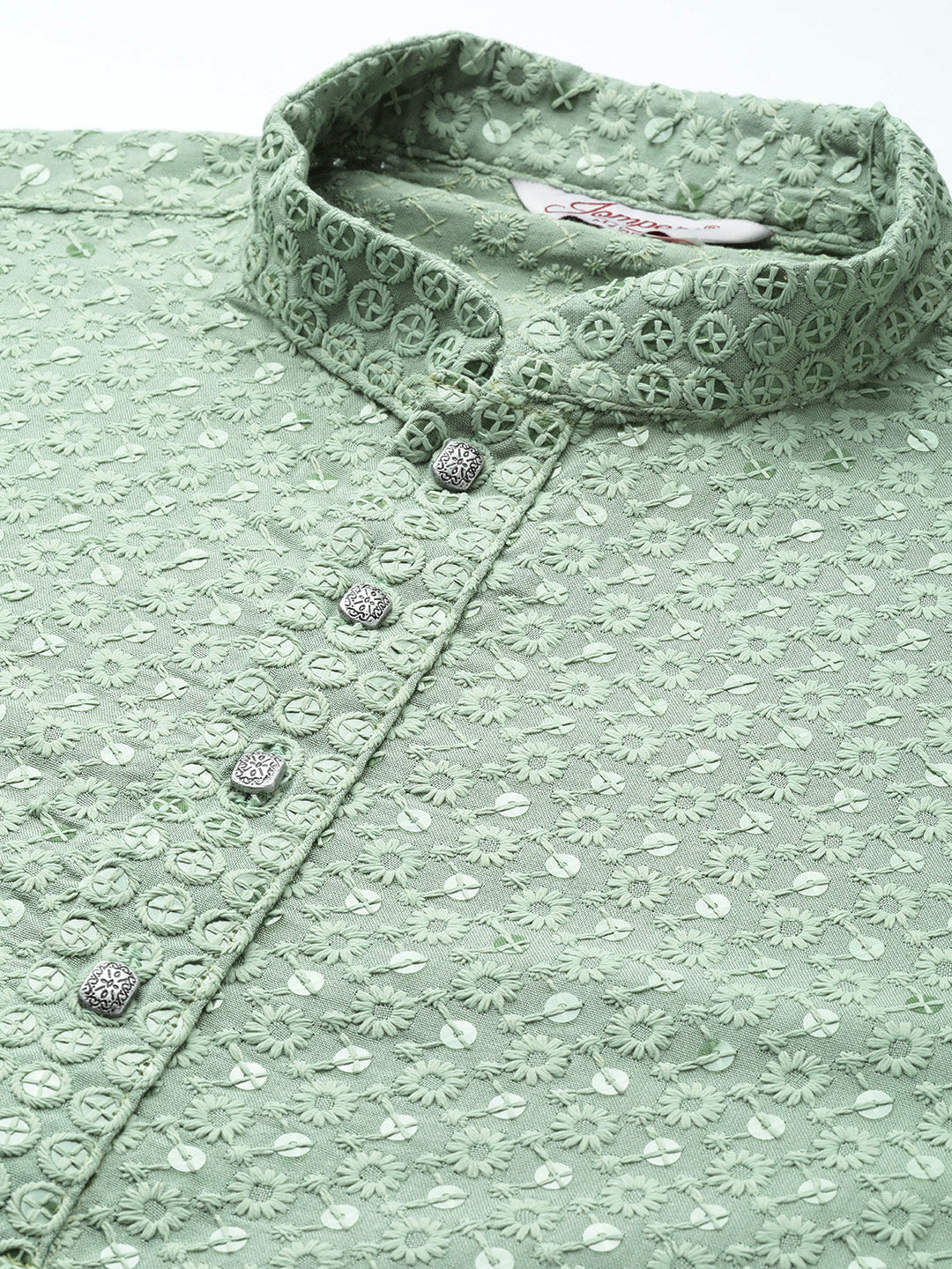 Jompers Men's Green Chikankari Embroidered and Sequence Kurta with Churidar | Grocsy