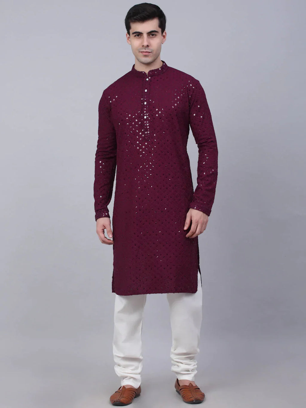 Jompers Men's Purple Chikankari Embroidered and Sequence Kurta with Churidar | Grocsy