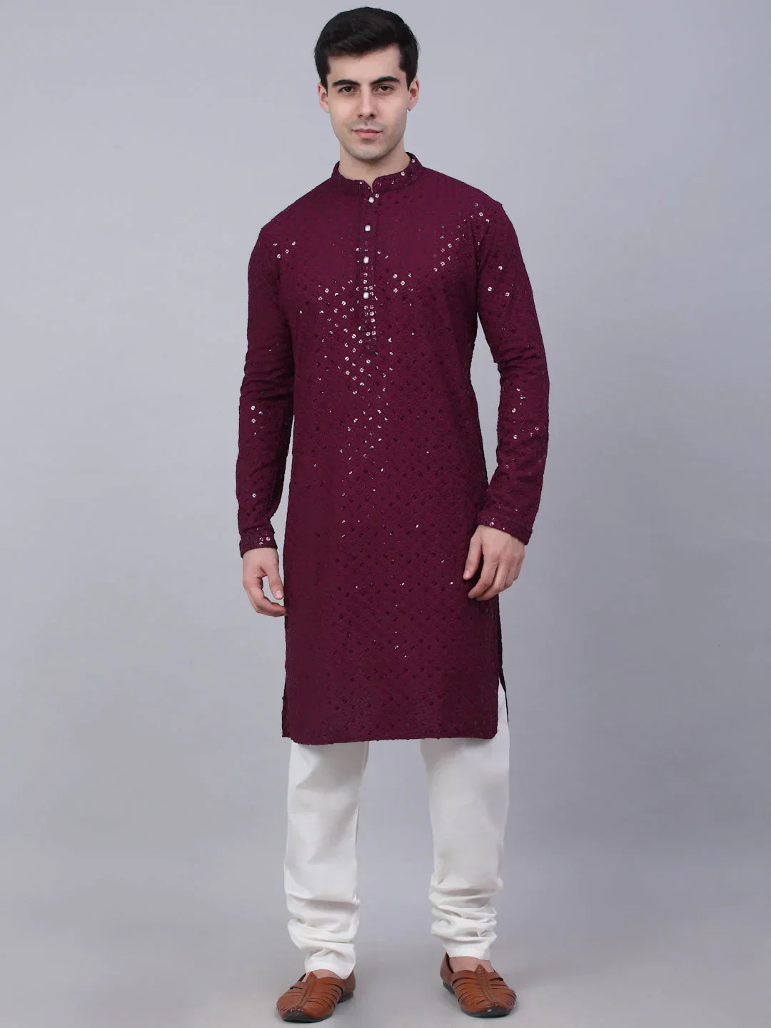 Jompers Men's Purple Chikankari Embroidered and Sequence Kurta with Churidar | Grocsy