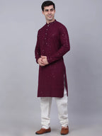 Jompers Men's Purple Chikankari Embroidered and Sequence Kurta with Churidar | Grocsy