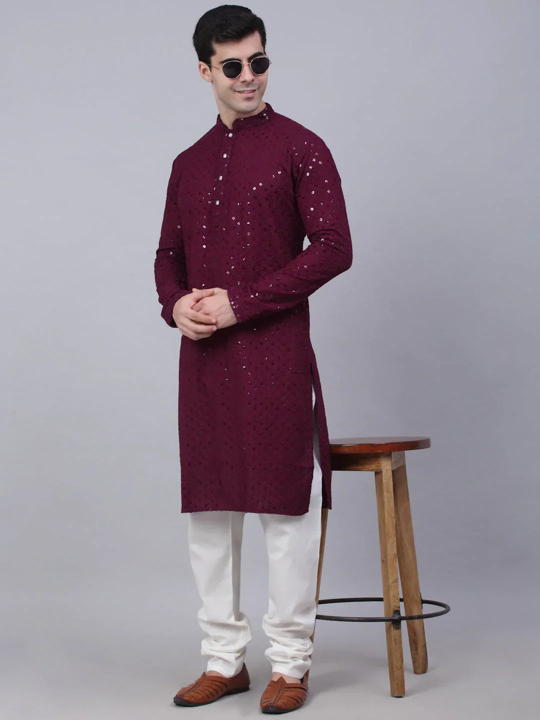 Jompers Men's Purple Chikankari Embroidered and Sequence Kurta with Churidar | Grocsy