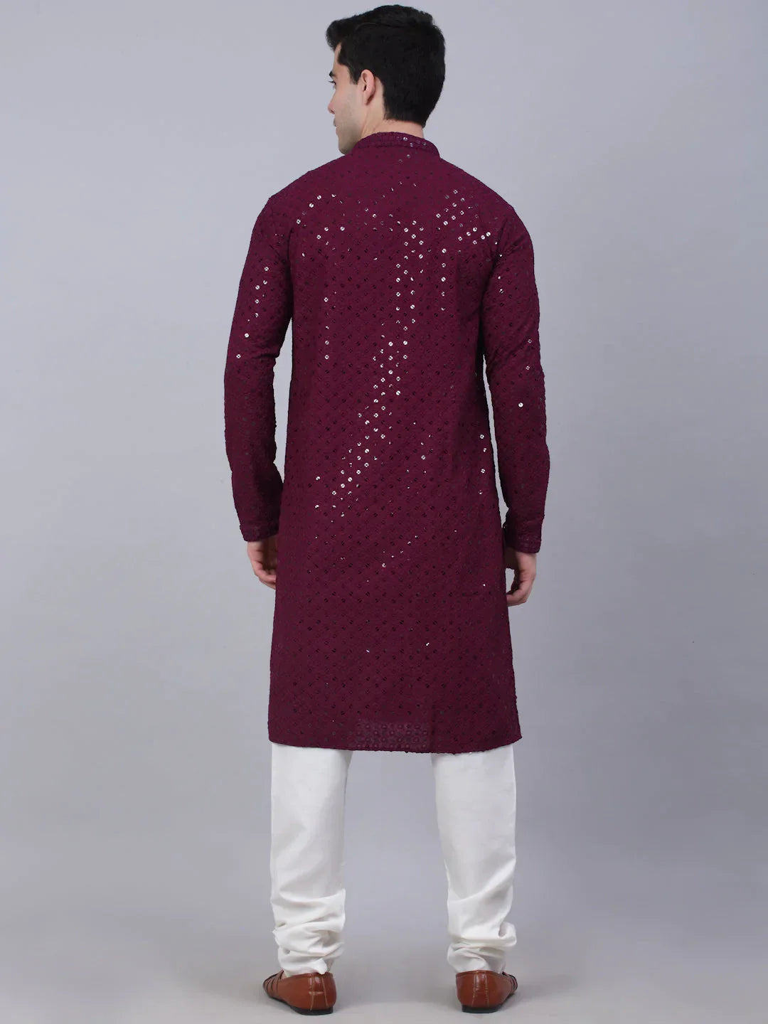 Jompers Men's Purple Chikankari Embroidered and Sequence Kurta with Churidar | Grocsy