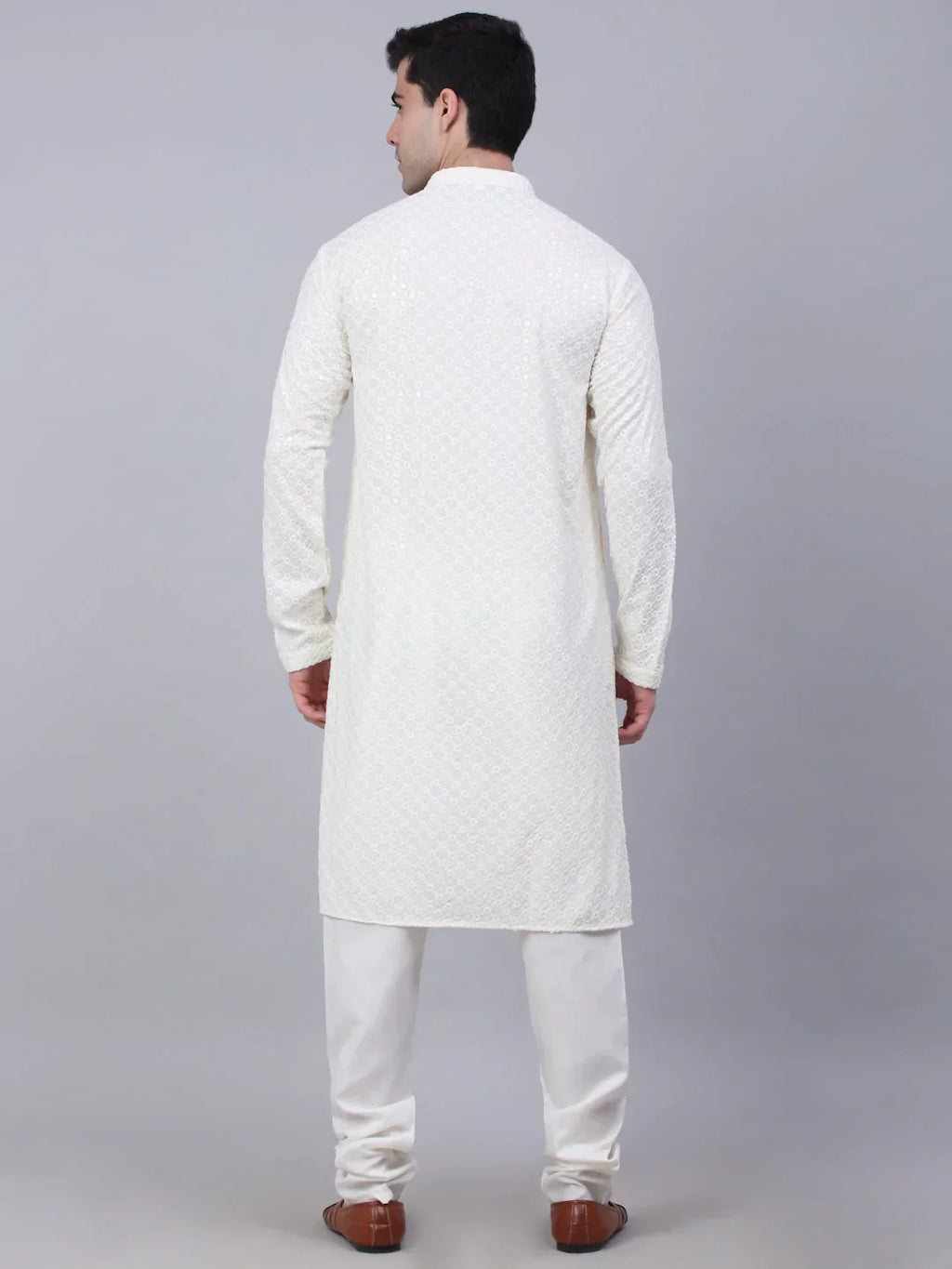 Jompers Men's White Chikankari Embroidered and Sequence Kurta with Churidar | Grocsy