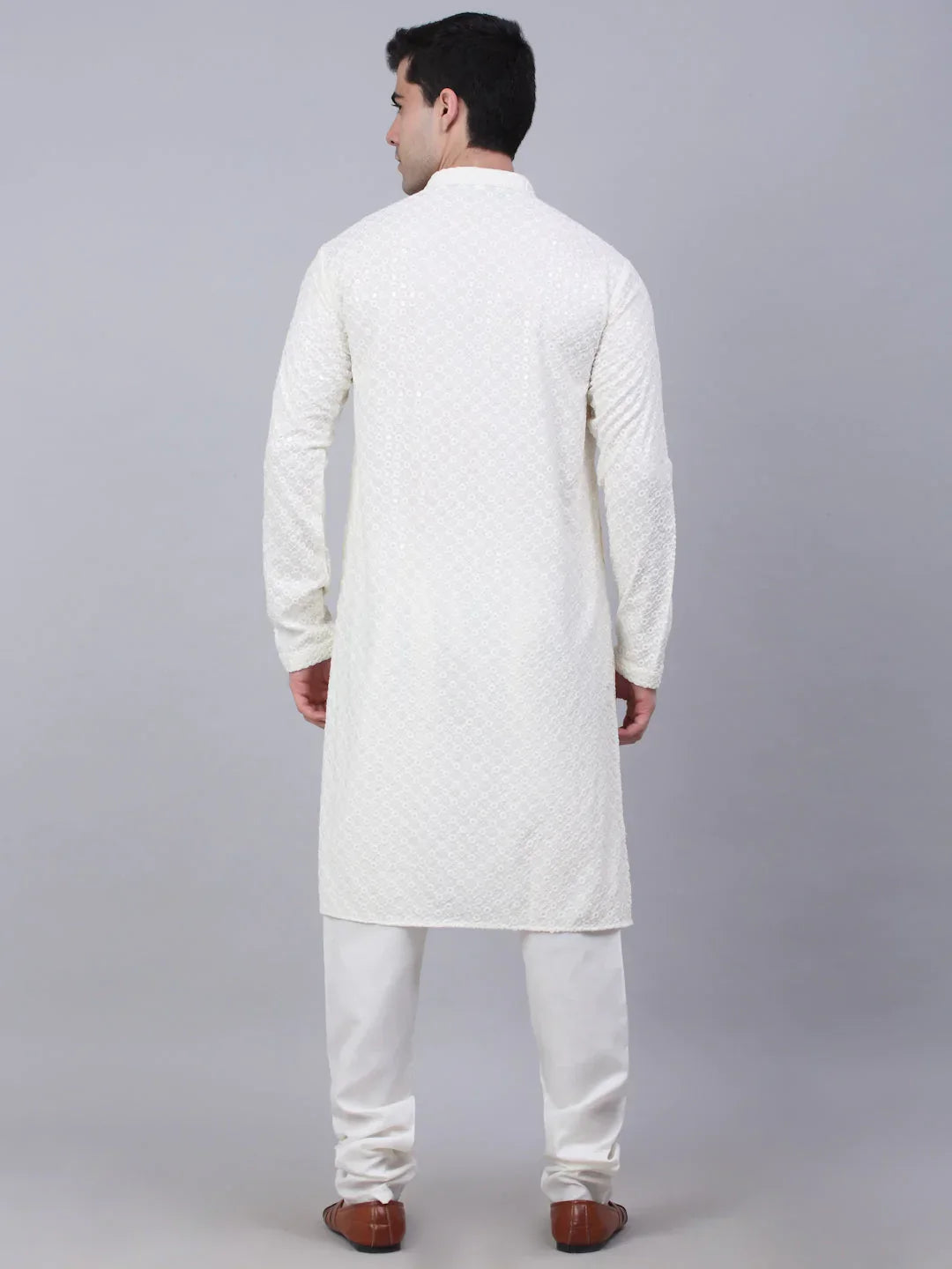 Jompers Men's White Chikankari Embroidered and Sequence Kurta with Churidar | Grocsy