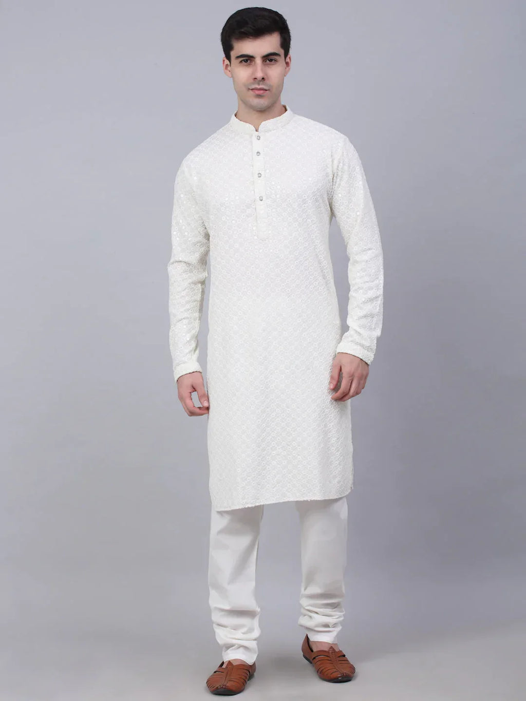Jompers Men's White Chikankari Embroidered and Sequence Kurta with Churidar | Grocsy