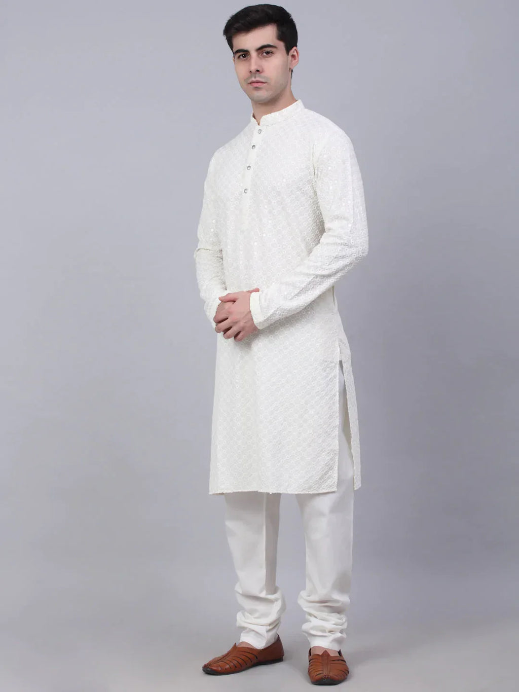 Jompers Men's White Chikankari Embroidered and Sequence Kurta with Churidar | Grocsy