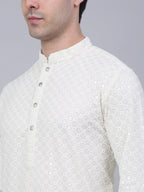 Jompers Men's White Chikankari Embroidered and Sequence Kurta with Churidar | Grocsy
