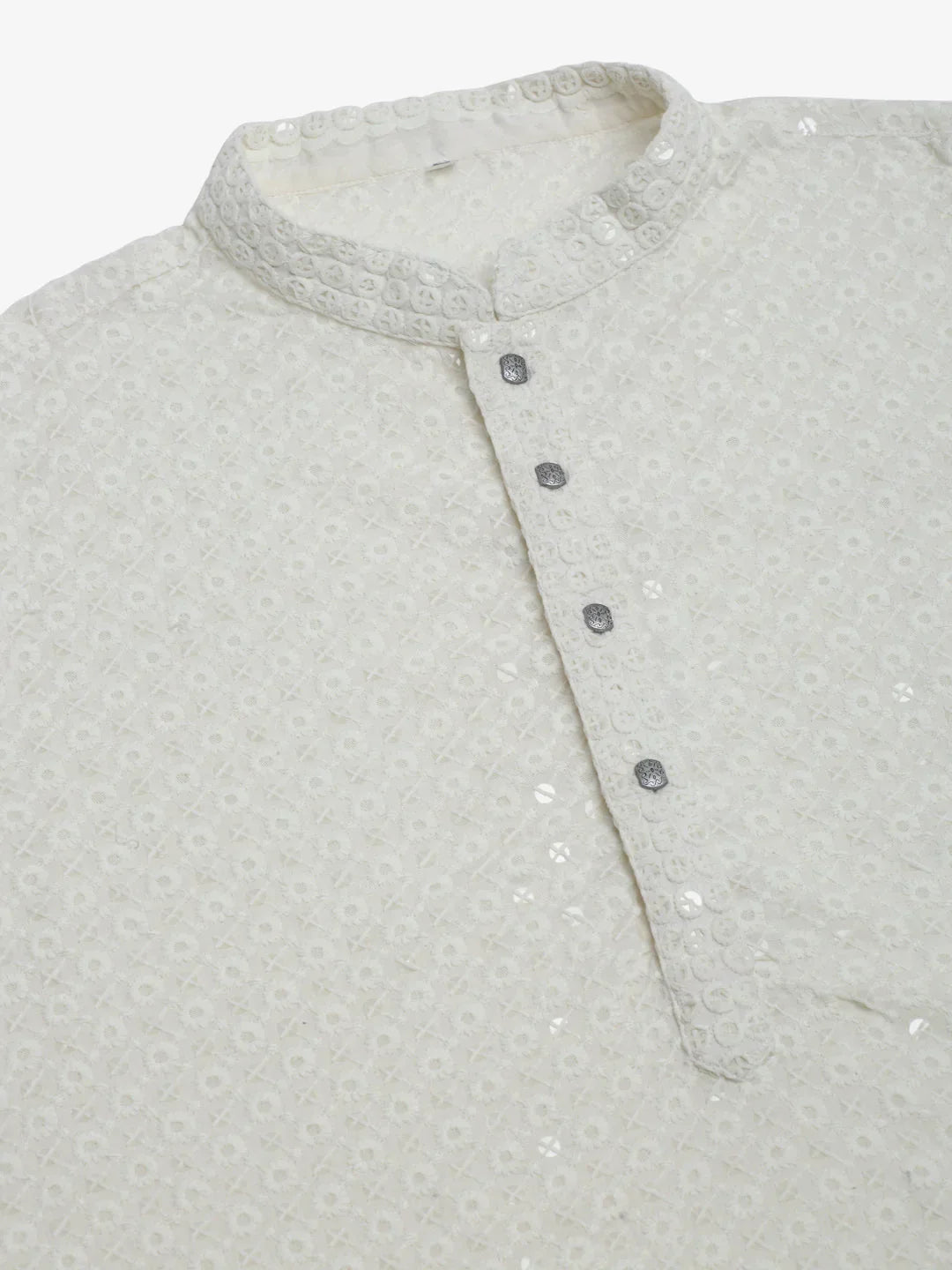 Jompers Men's White Chikankari Embroidered and Sequence Kurta with Churidar | Grocsy