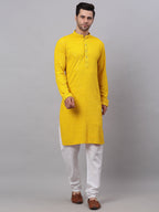 Jompers Men's Yellow Chikankari Embroidered and Sequence Kurta with Churidar | Grocsy