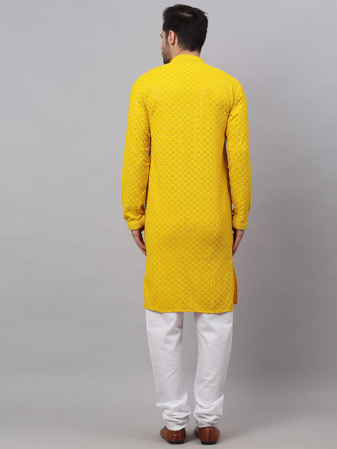 Jompers Men's Yellow Chikankari Embroidered and Sequence Kurta with Churidar | Grocsy