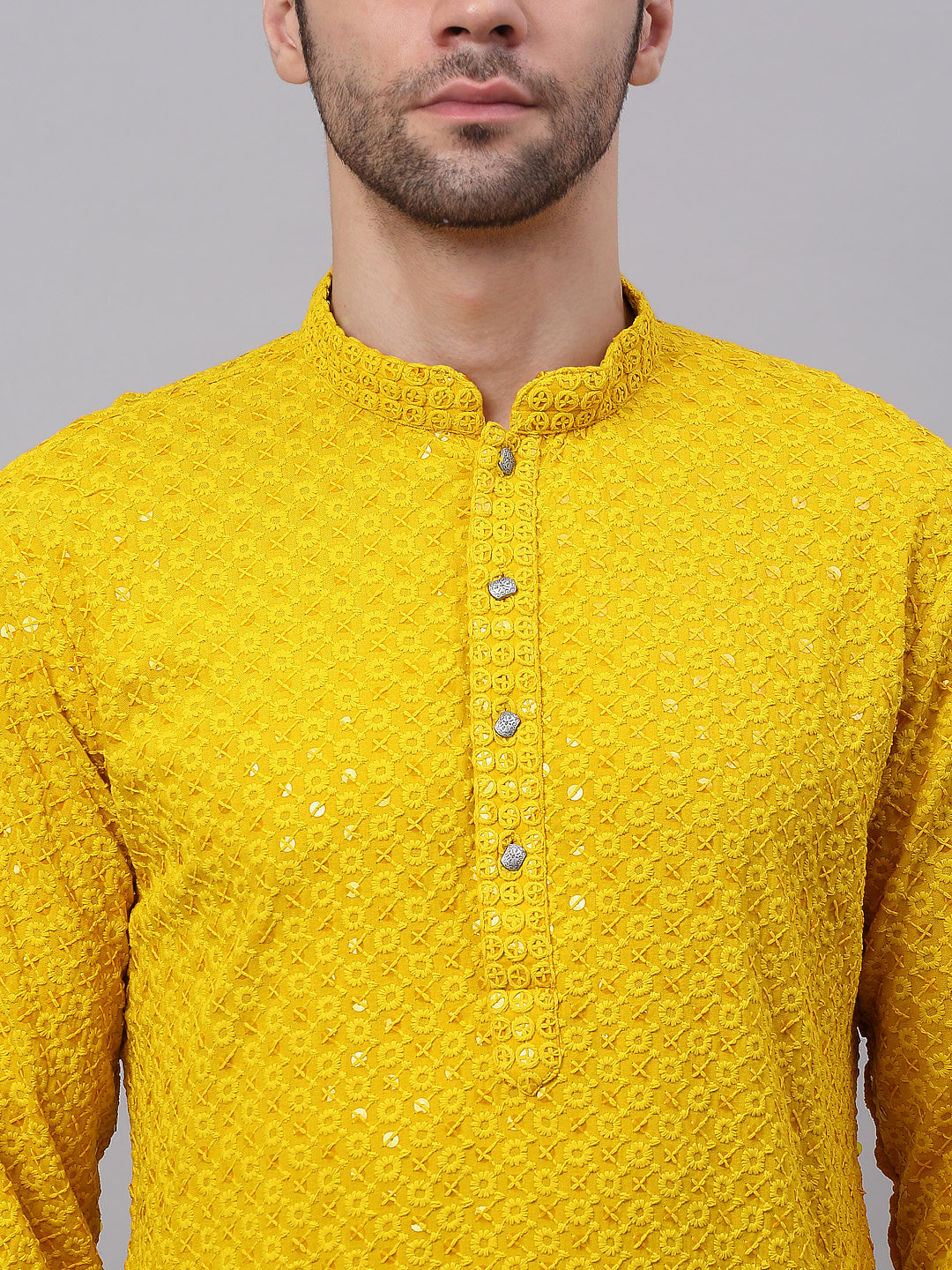 Jompers Men's Yellow Chikankari Embroidered and Sequence Kurta with Churidar | Grocsy