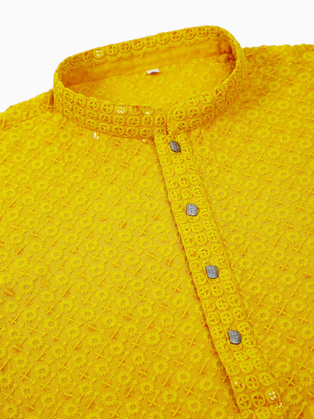 Jompers Men's Yellow Chikankari Embroidered and Sequence Kurta with Churidar | Grocsy