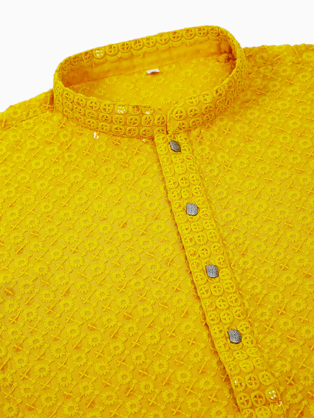 Jompers Men's Yellow Chikankari Embroidered and Sequence Kurta with Churidar | Grocsy