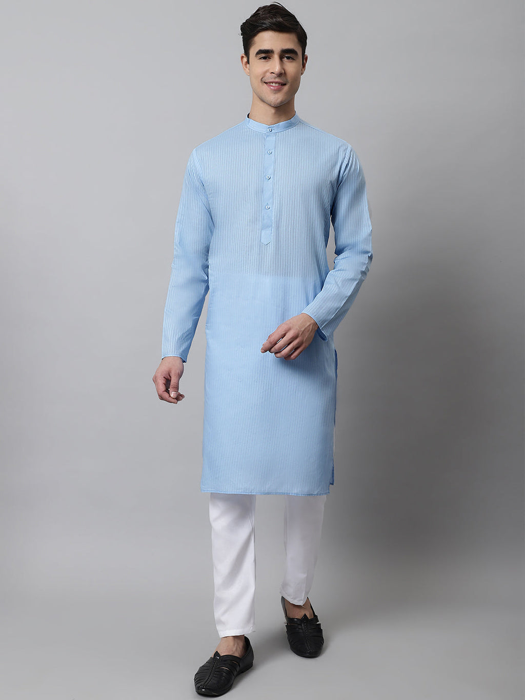 Jompers Men's Light blue Cotton Striped Kurta Payjama Sets | Grocsy