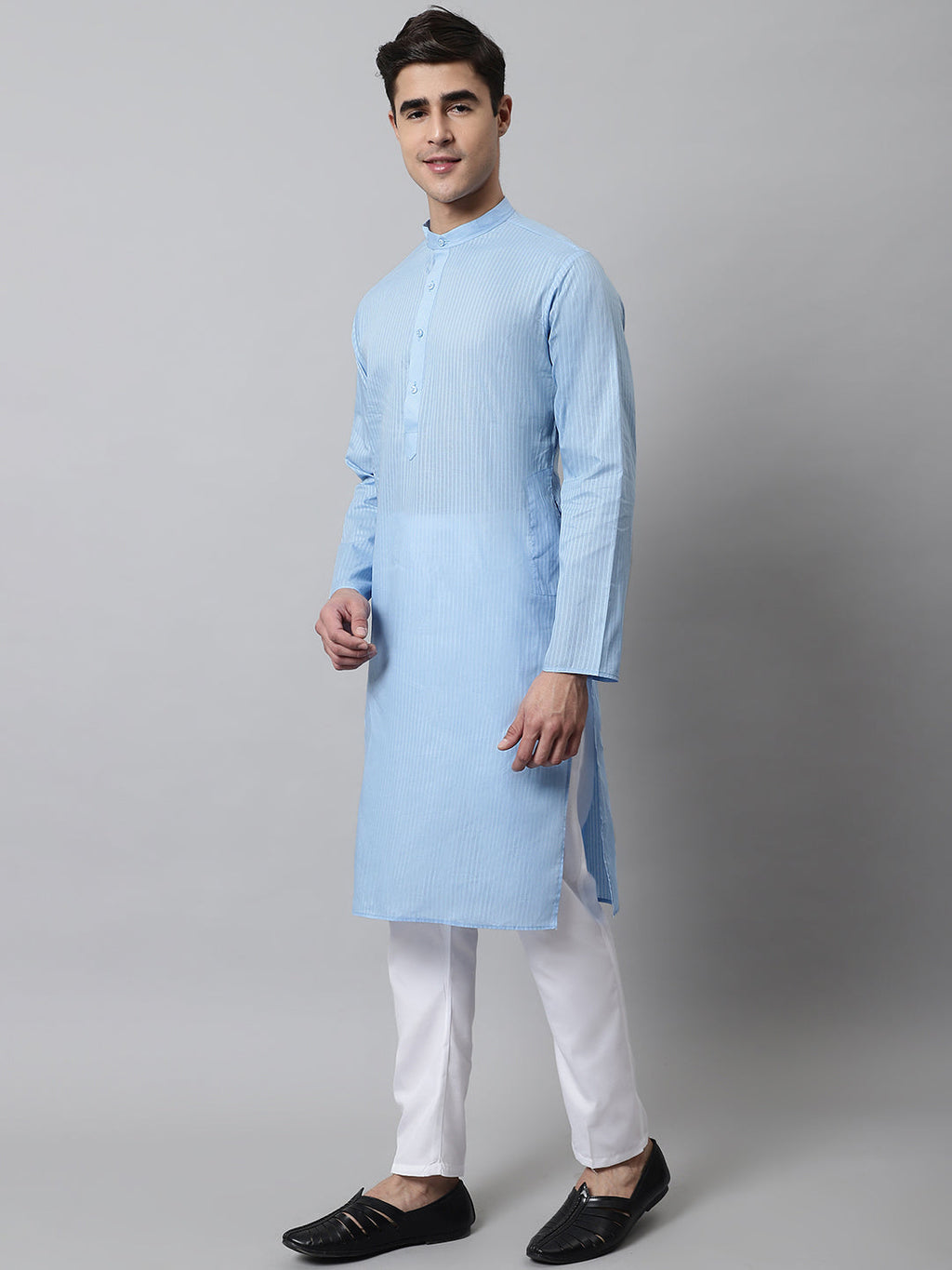 Jompers Men's Light blue Cotton Striped Kurta Payjama Sets | Grocsy