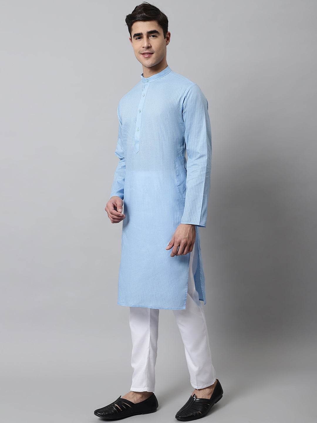 Jompers Men's Light blue Cotton Striped Kurta Payjama Sets | Grocsy