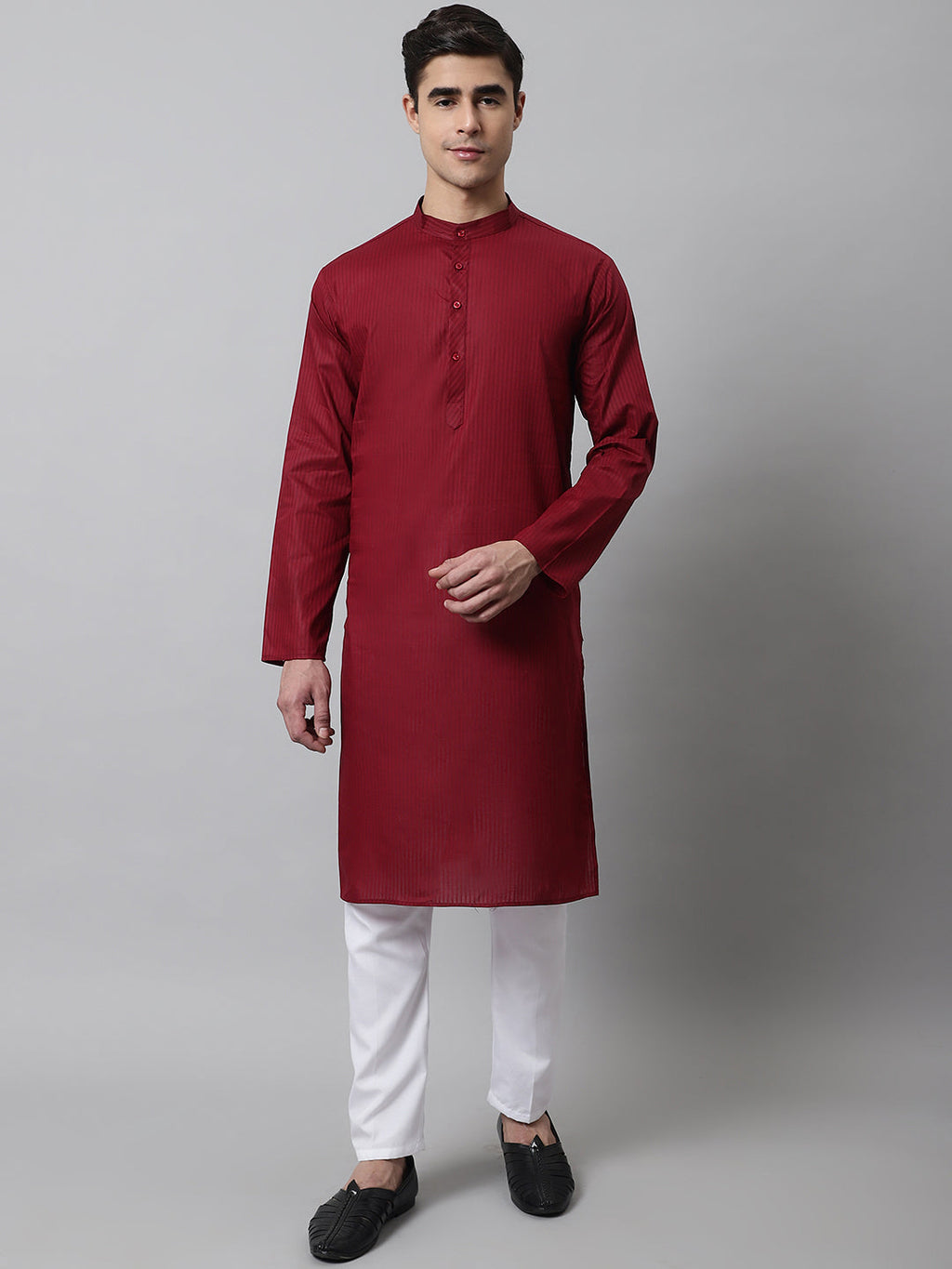 Jompers Men's Maroon Cotton Striped Kurta Payjama Sets | Grocsy