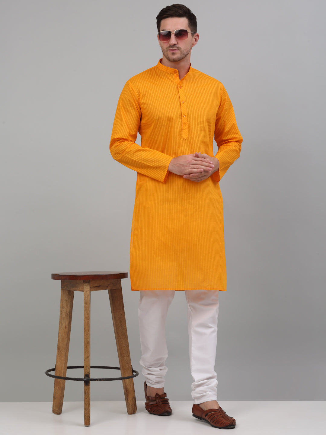Jompers Men's Mustard Cotton Striped Kurta Payjama Sets | Grocsy