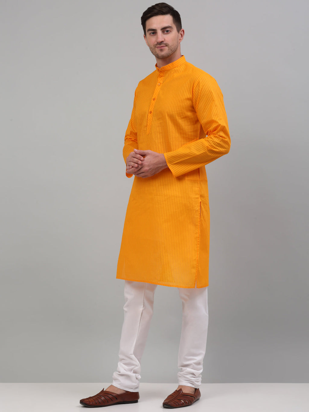 Jompers Men's Mustard Cotton Striped Kurta Payjama Sets | Grocsy