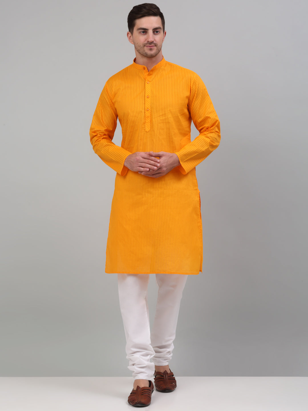 Jompers Men's Mustard Cotton Striped Kurta Payjama Sets | Grocsy