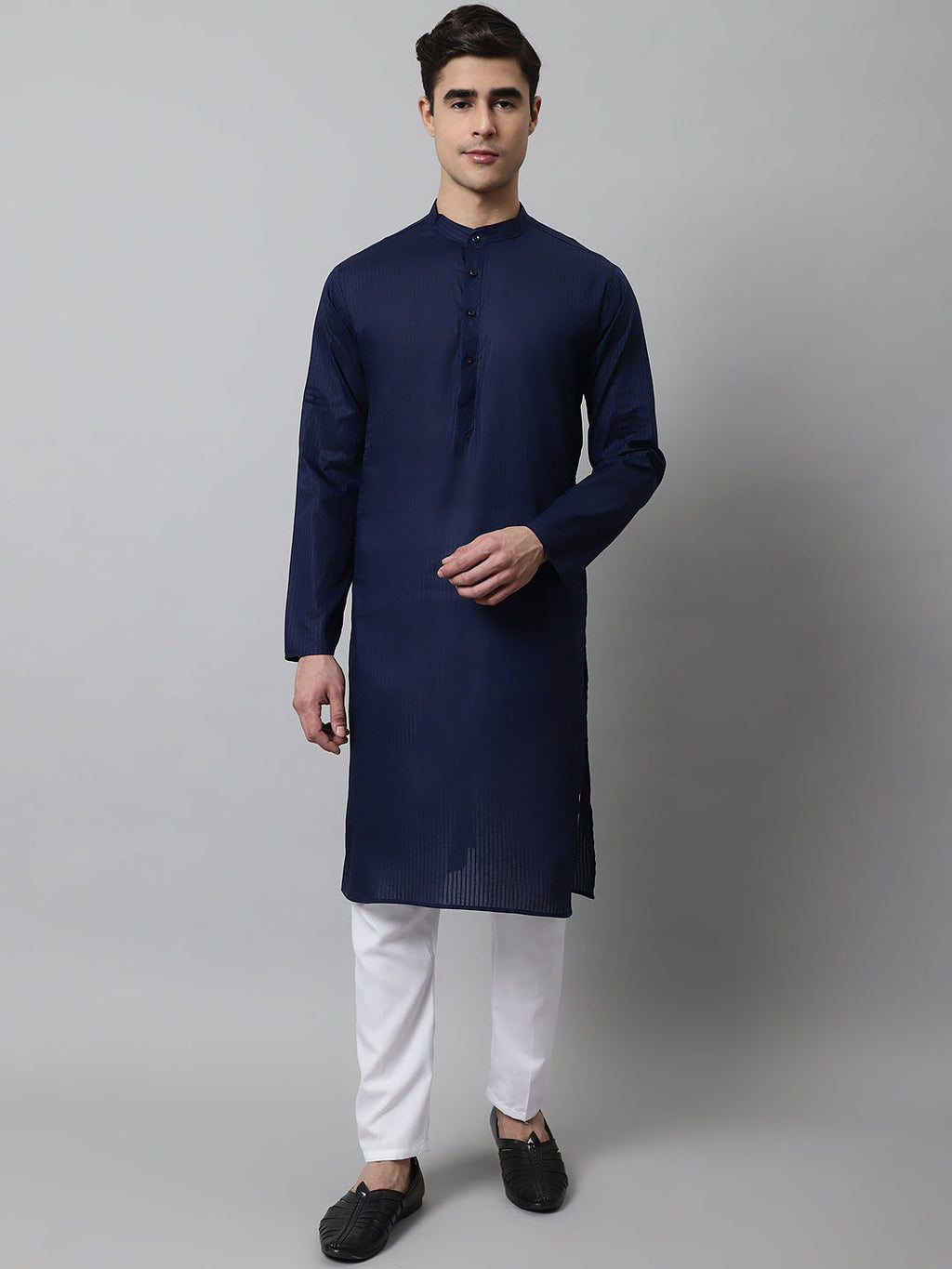 Jompers Men's Navy Blue Cotton Striped Kurta Payjama Sets | Grocsy