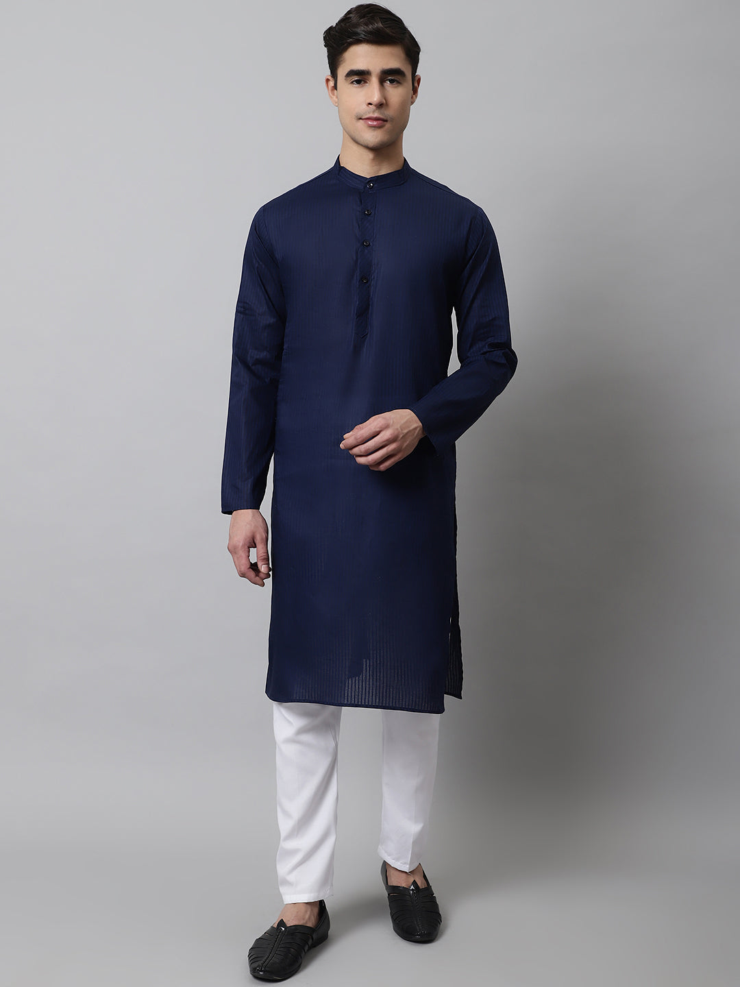 Jompers Men's Navy Blue Cotton Striped Kurta Payjama Sets | Grocsy