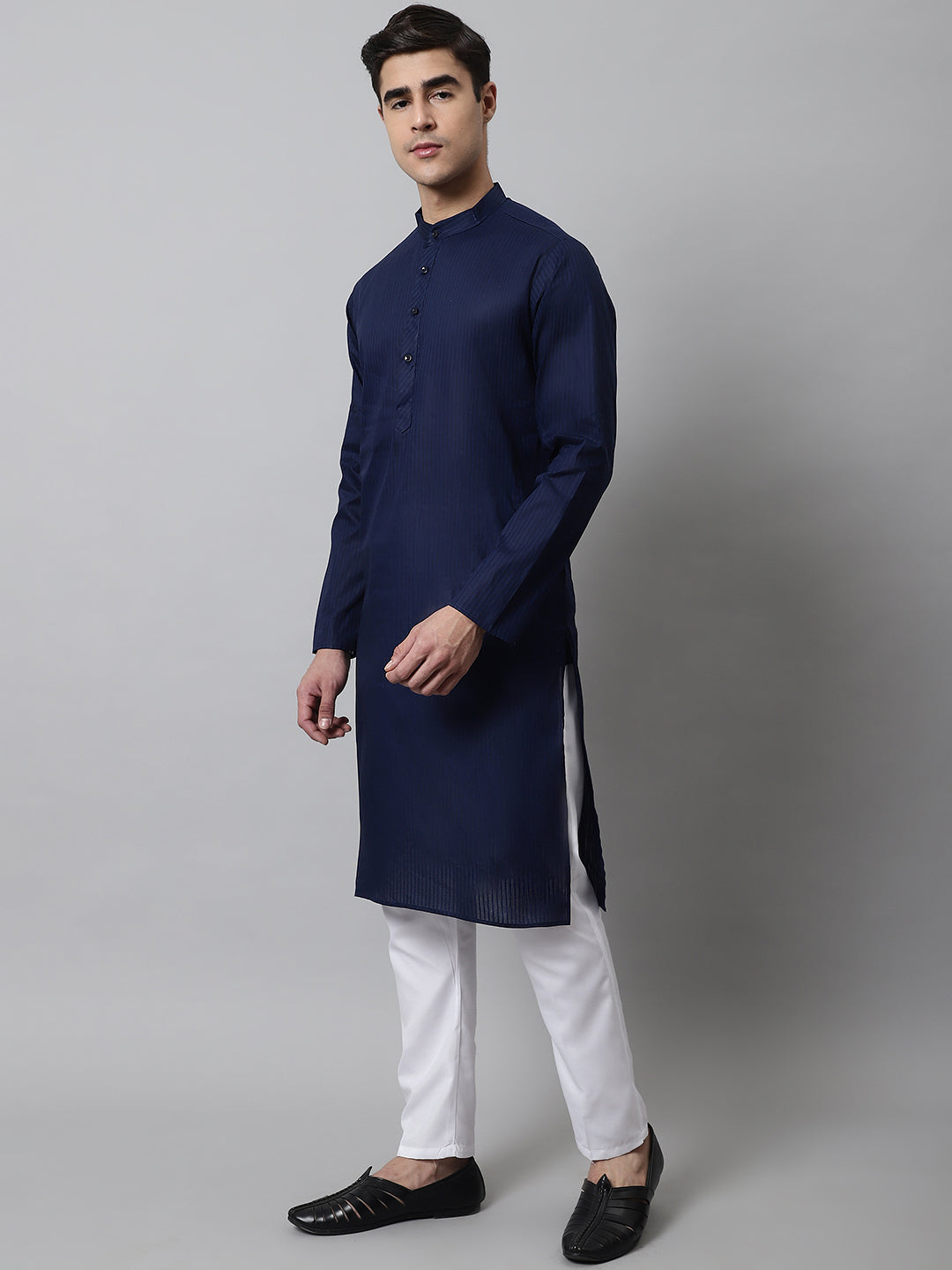 Jompers Men's Navy Blue Cotton Striped Kurta Payjama Sets | Grocsy