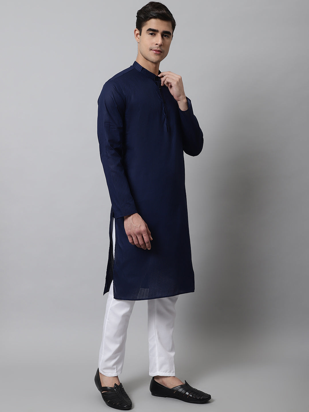 Jompers Men's Navy Blue Cotton Striped Kurta Payjama Sets | Grocsy