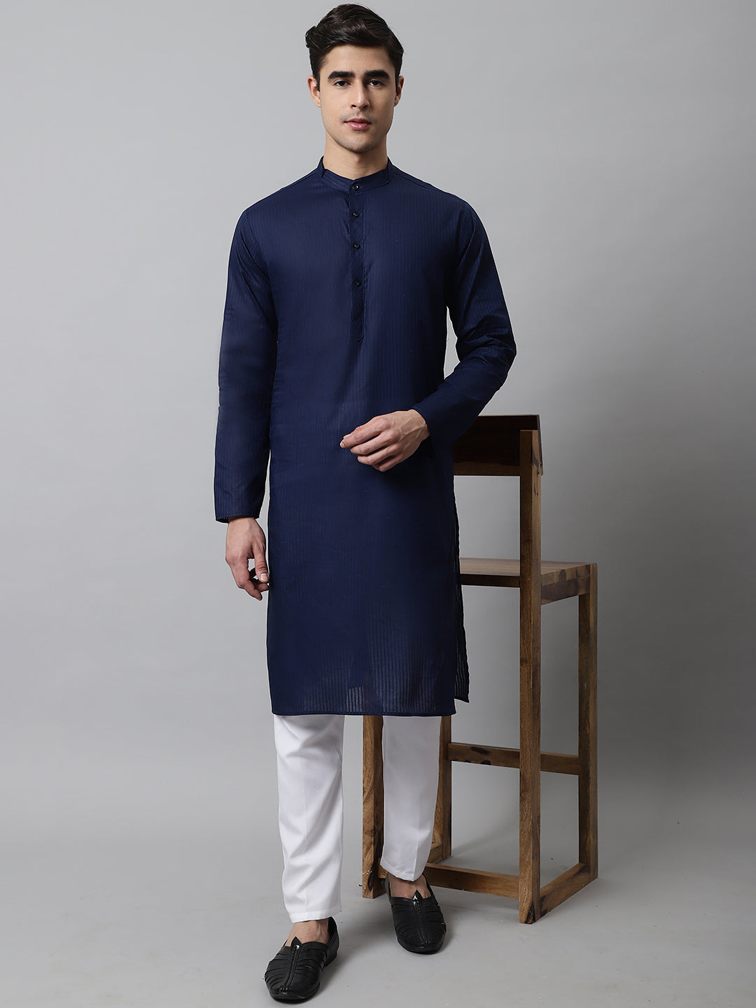 Jompers Men's Navy Blue Cotton Striped Kurta Payjama Sets | Grocsy