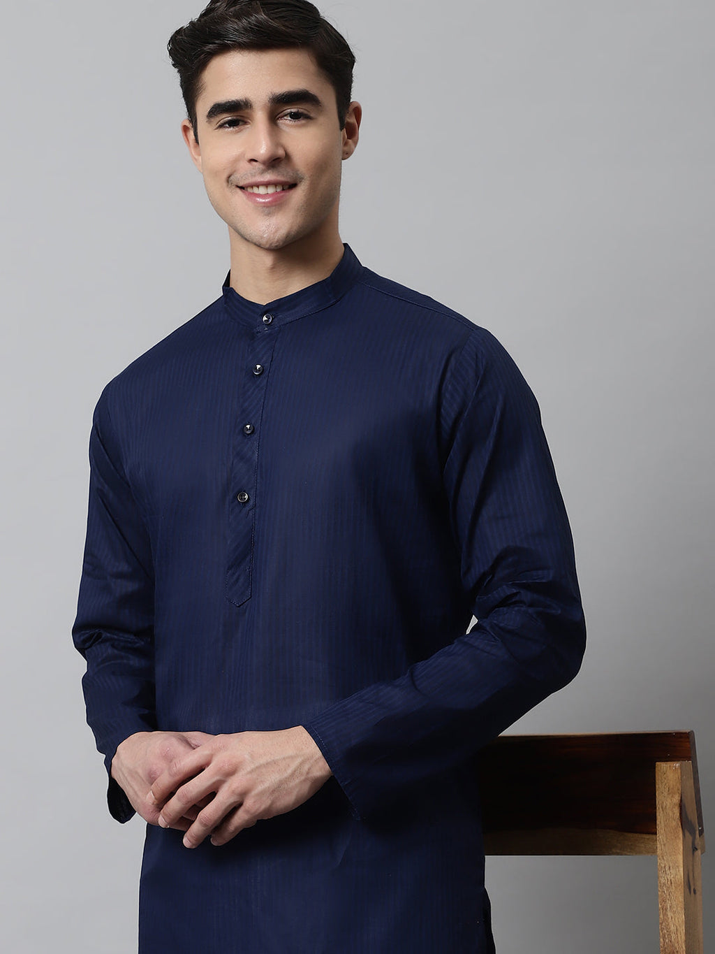 Jompers Men's Navy Blue Cotton Striped Kurta Payjama Sets | Grocsy