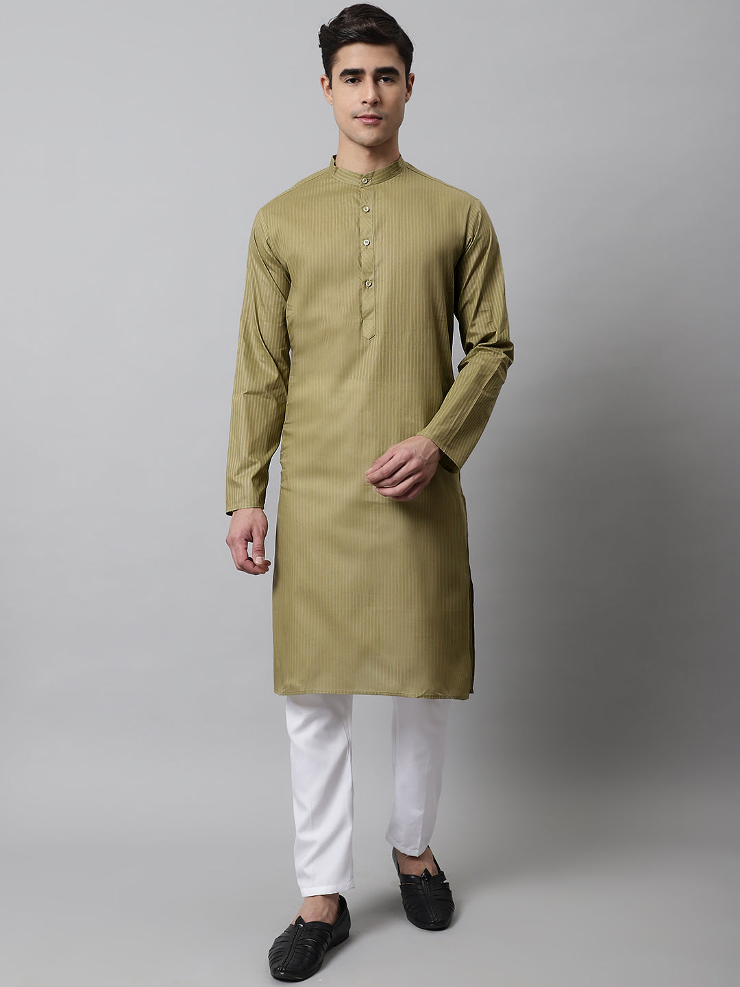 Jompers Men's Olive Green Cotton Striped Kurta Payjama Sets | Grocsy