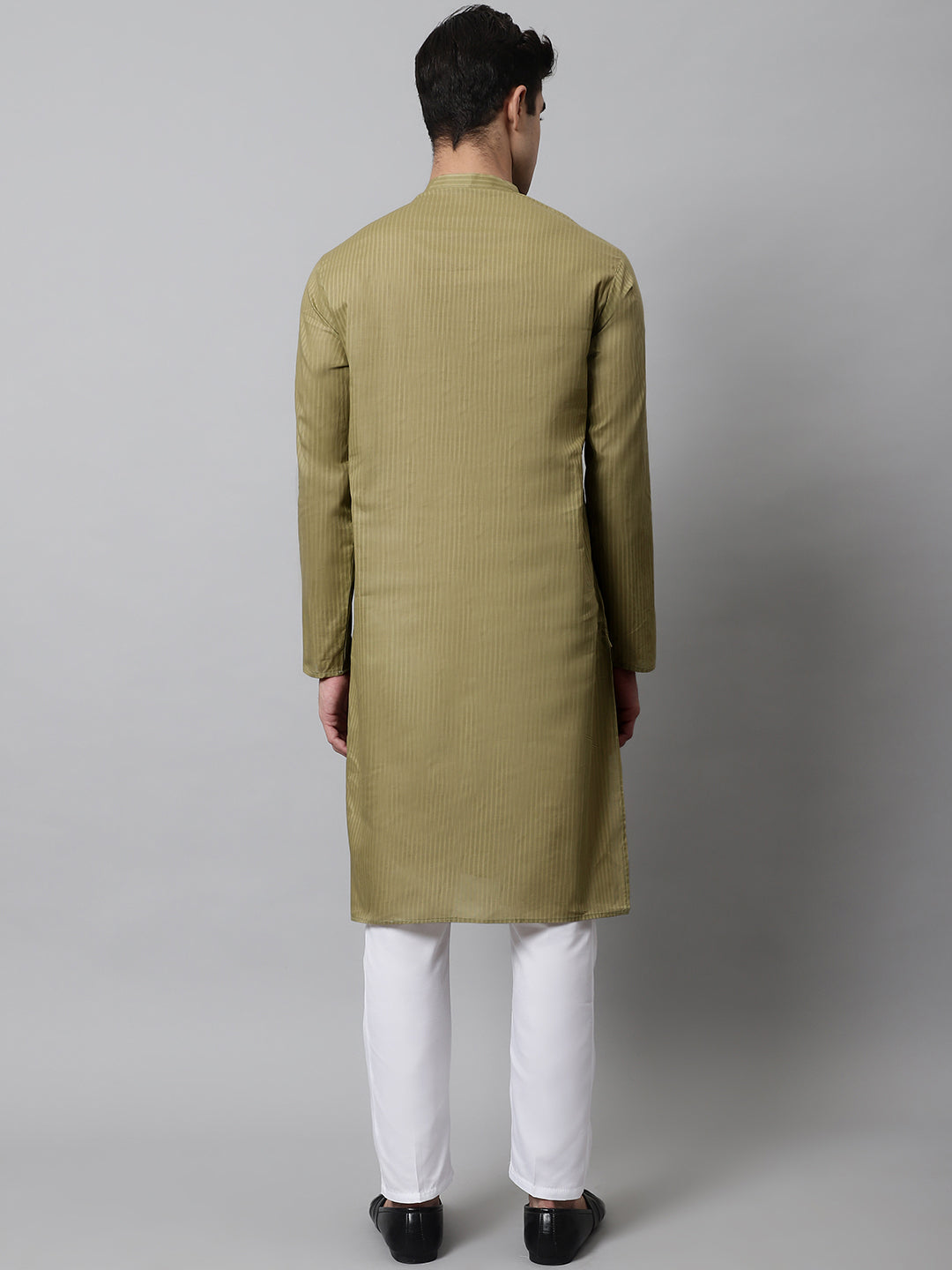 Jompers Men's Olive Green Cotton Striped Kurta Payjama Sets | Grocsy