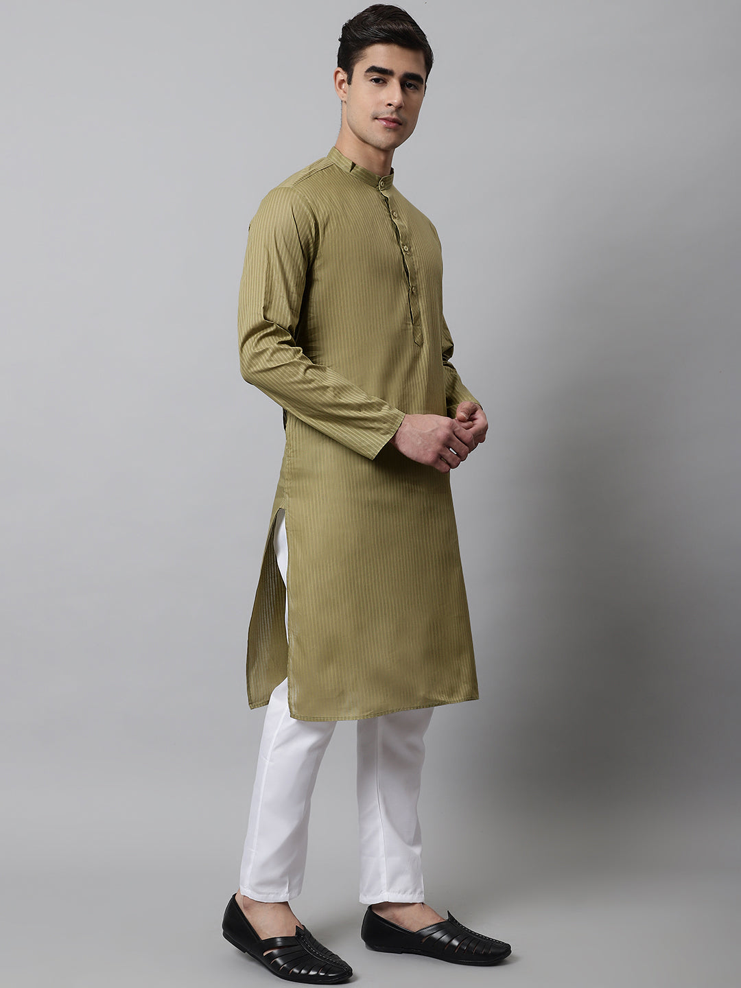 Jompers Men's Olive Green Cotton Striped Kurta Payjama Sets | Grocsy
