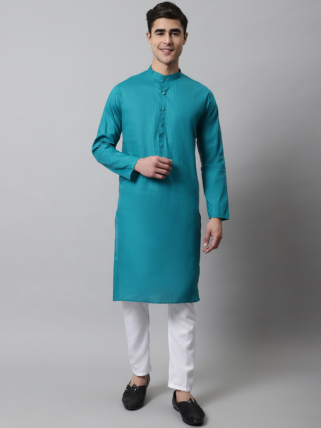 Jompers Men's Teal Blue Cotton Striped Kurta Payjama Sets | Grocsy