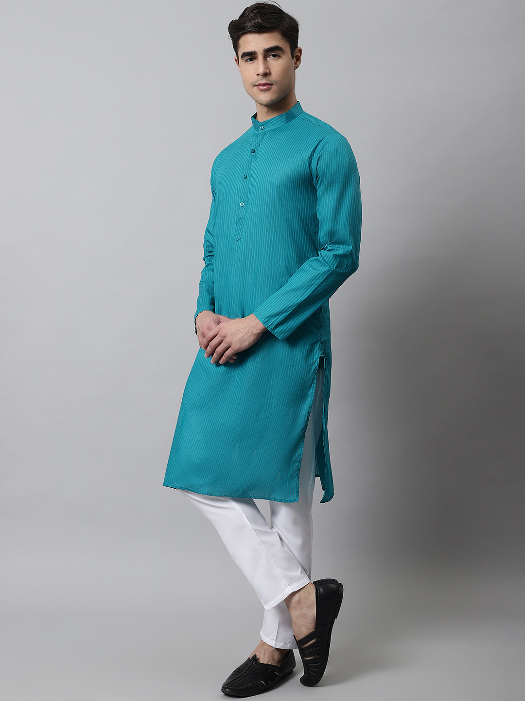 Jompers Men's Teal Blue Cotton Striped Kurta Payjama Sets | Grocsy
