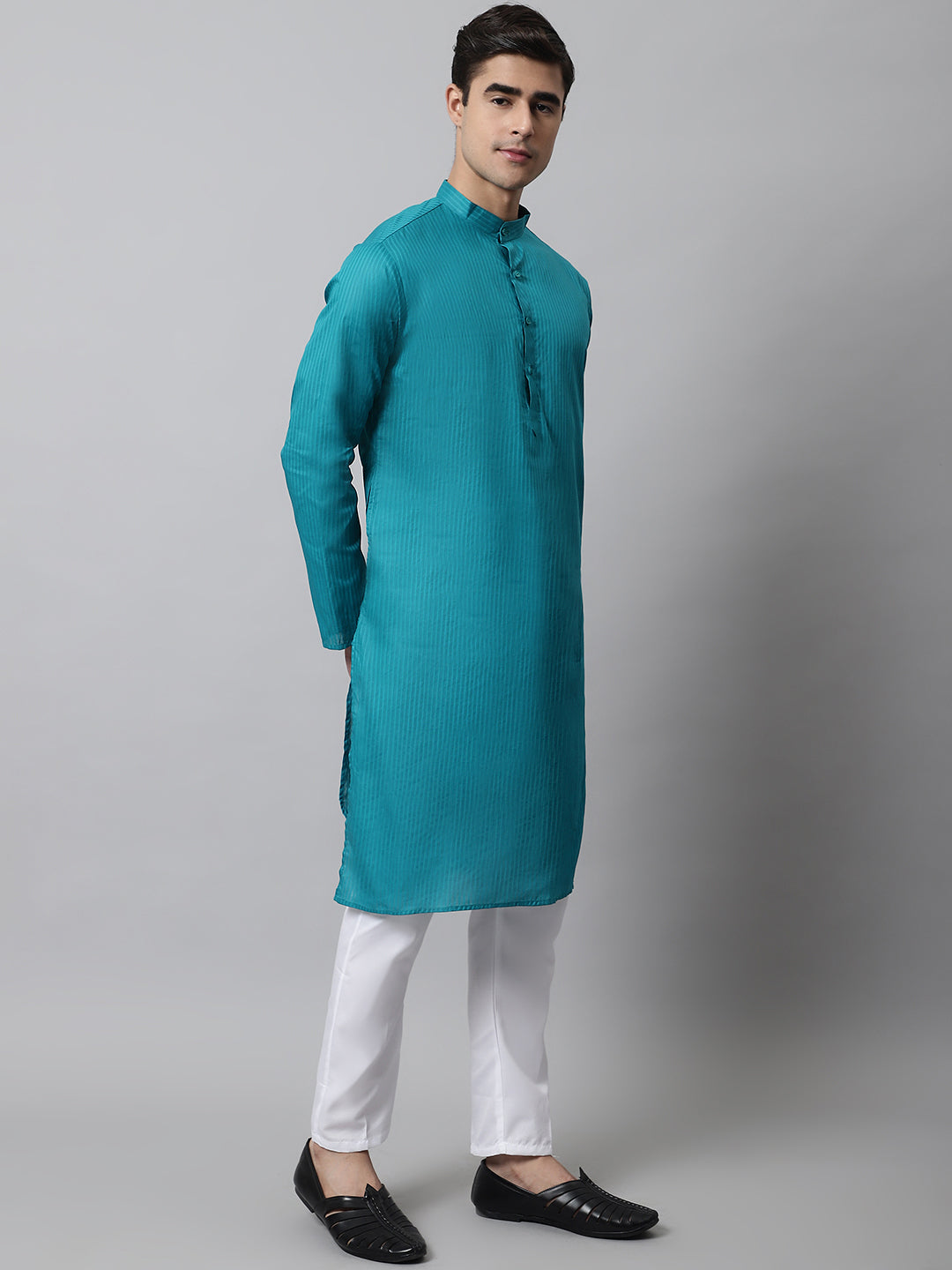 Jompers Men's Teal Blue Cotton Striped Kurta Payjama Sets | Grocsy