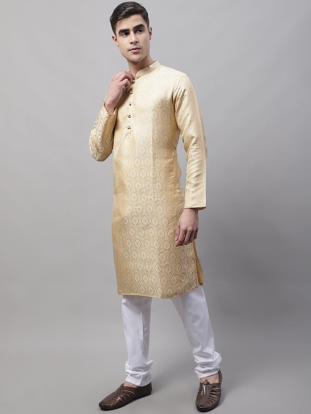 Jompers Men's Ethnic Beige Woven Design Kurta with Pyjamas | Grocsy