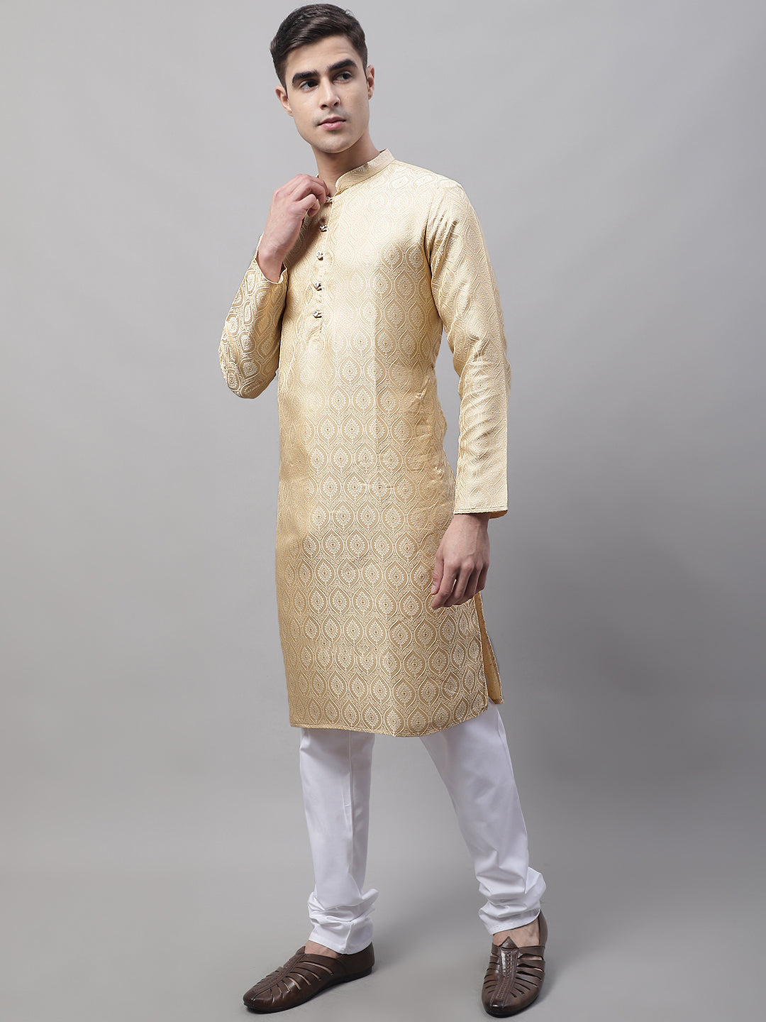 Jompers Men's Ethnic Beige Woven Design Kurta with Pyjamas | Grocsy