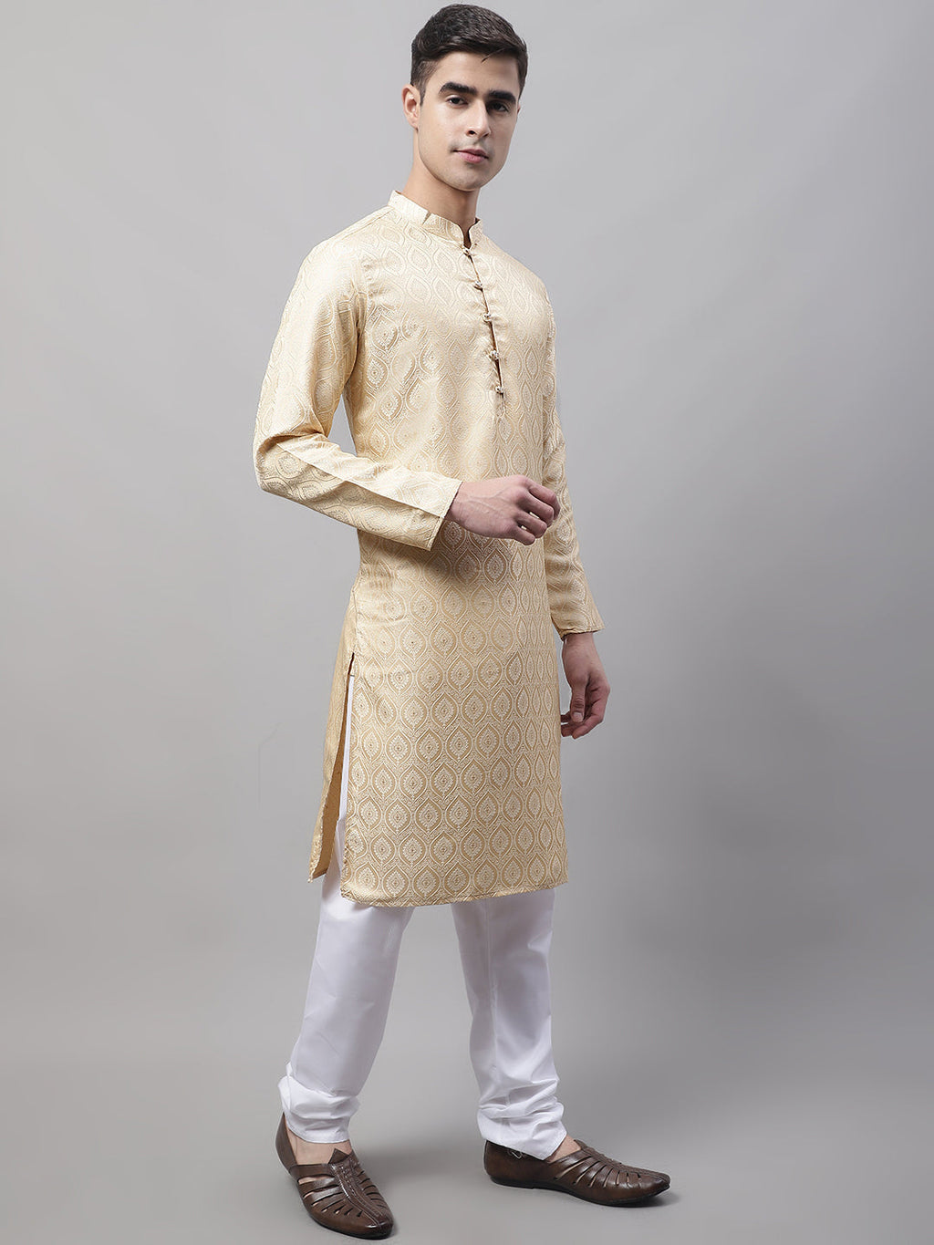 Jompers Men's Ethnic Beige Woven Design Kurta with Pyjamas | Grocsy