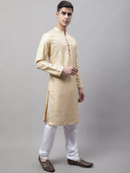 Jompers Men's Ethnic Beige Woven Design Kurta with Pyjamas | Grocsy