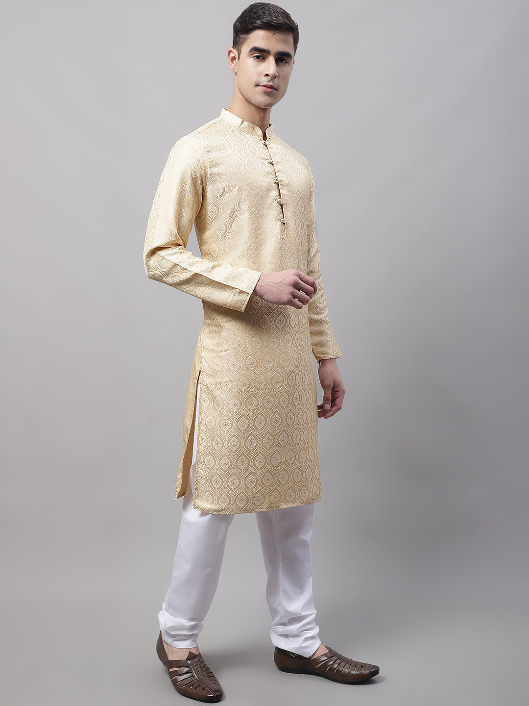 Jompers Men's Ethnic Beige Woven Design Kurta with Pyjamas | Grocsy