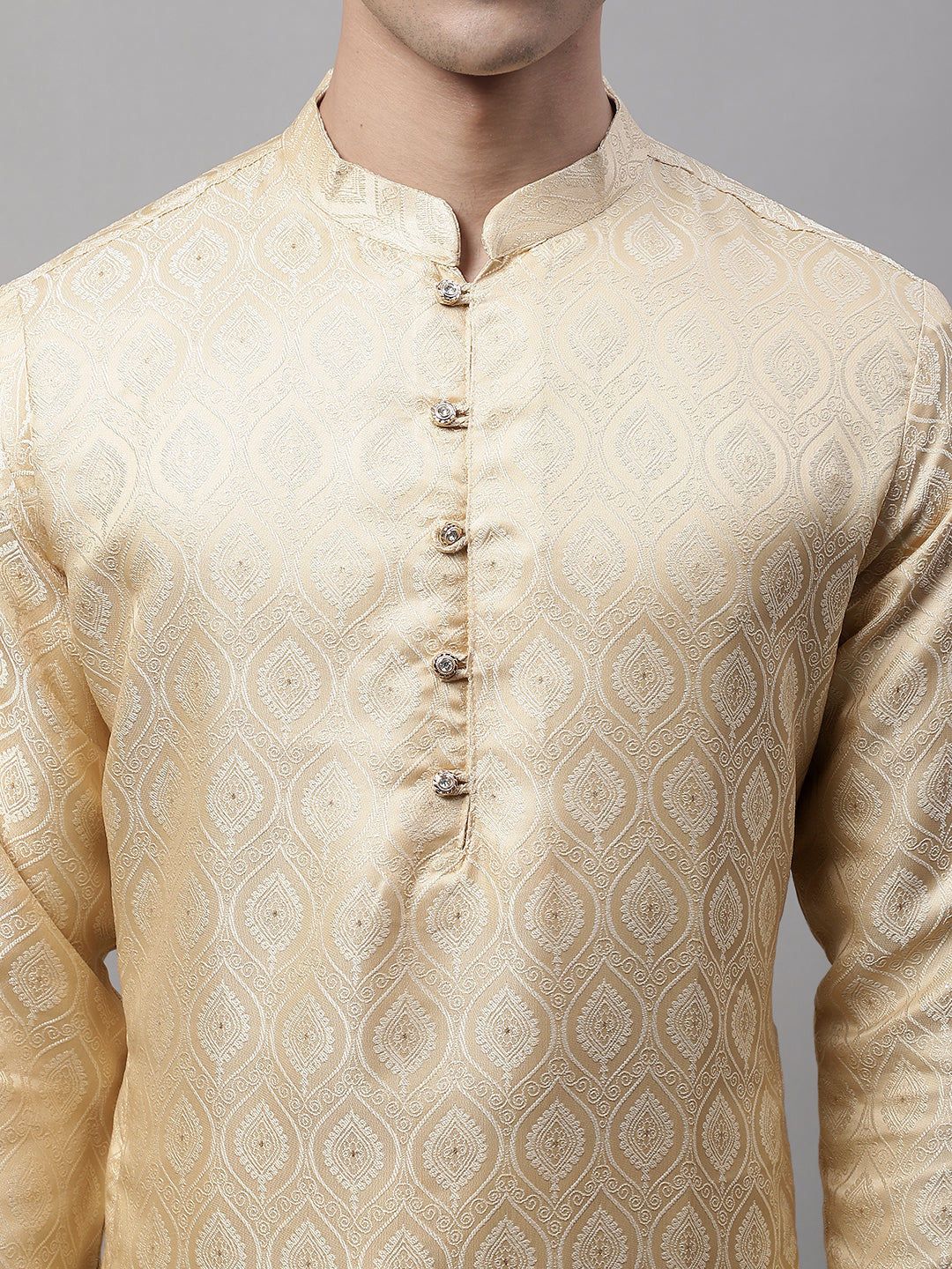 Jompers Men's Ethnic Beige Woven Design Kurta with Pyjamas | Grocsy
