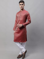 Jompers Men's Ethnic Maroon Woven Design Kurta with Pyjamas | Grocsy