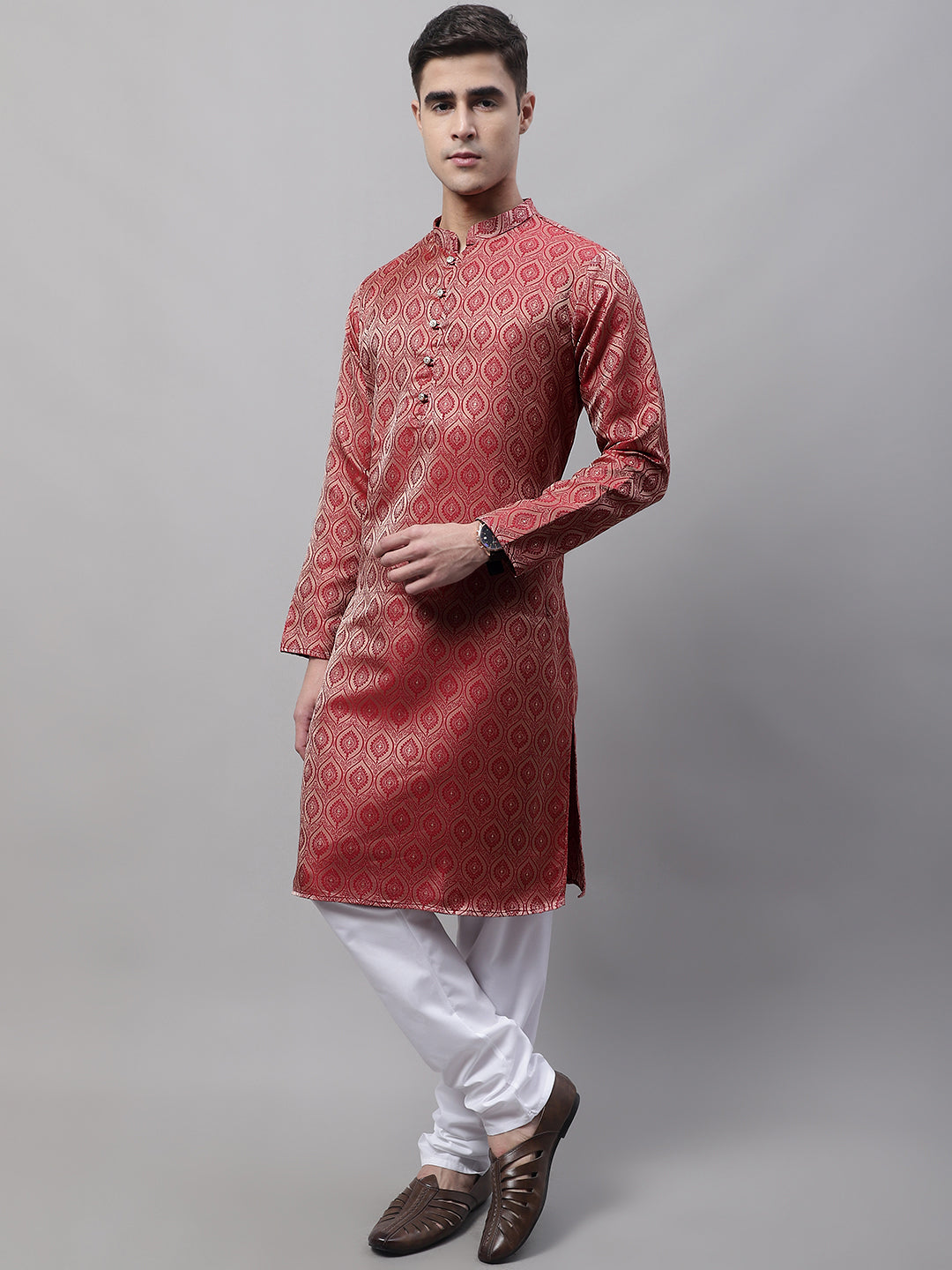 Jompers Men's Ethnic Maroon Woven Design Kurta with Pyjamas | Grocsy