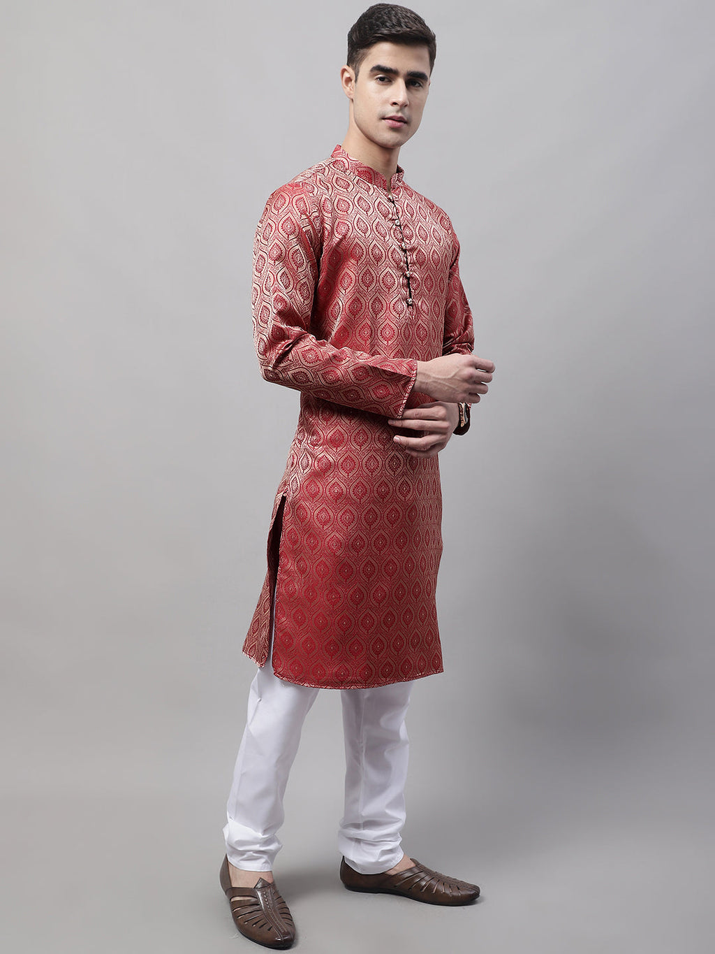 Jompers Men's Ethnic Maroon Woven Design Kurta with Pyjamas | Grocsy