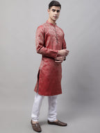 Jompers Men's Ethnic Maroon Woven Design Kurta with Pyjamas | Grocsy
