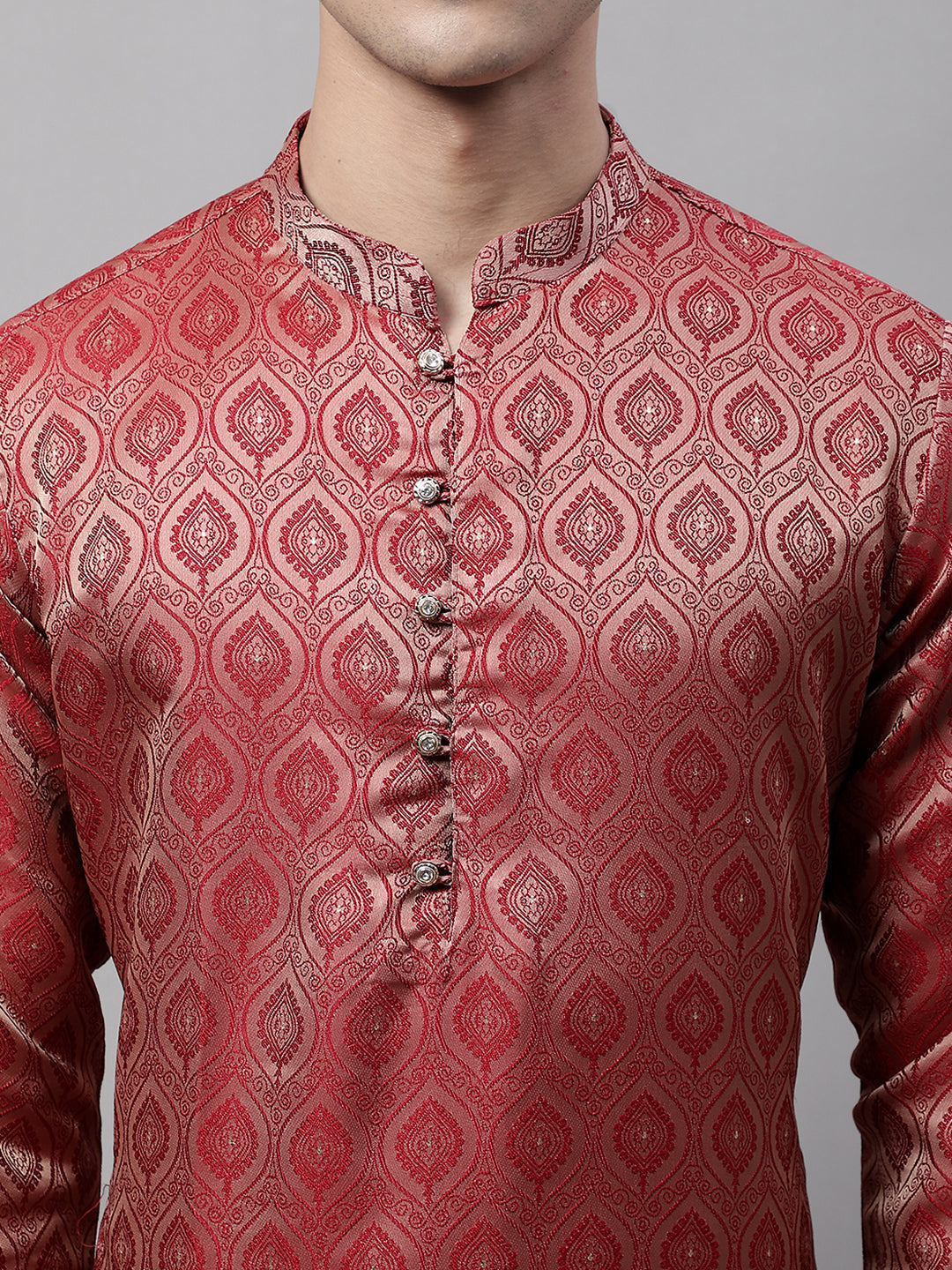 Jompers Men's Ethnic Maroon Woven Design Kurta with Pyjamas | Grocsy