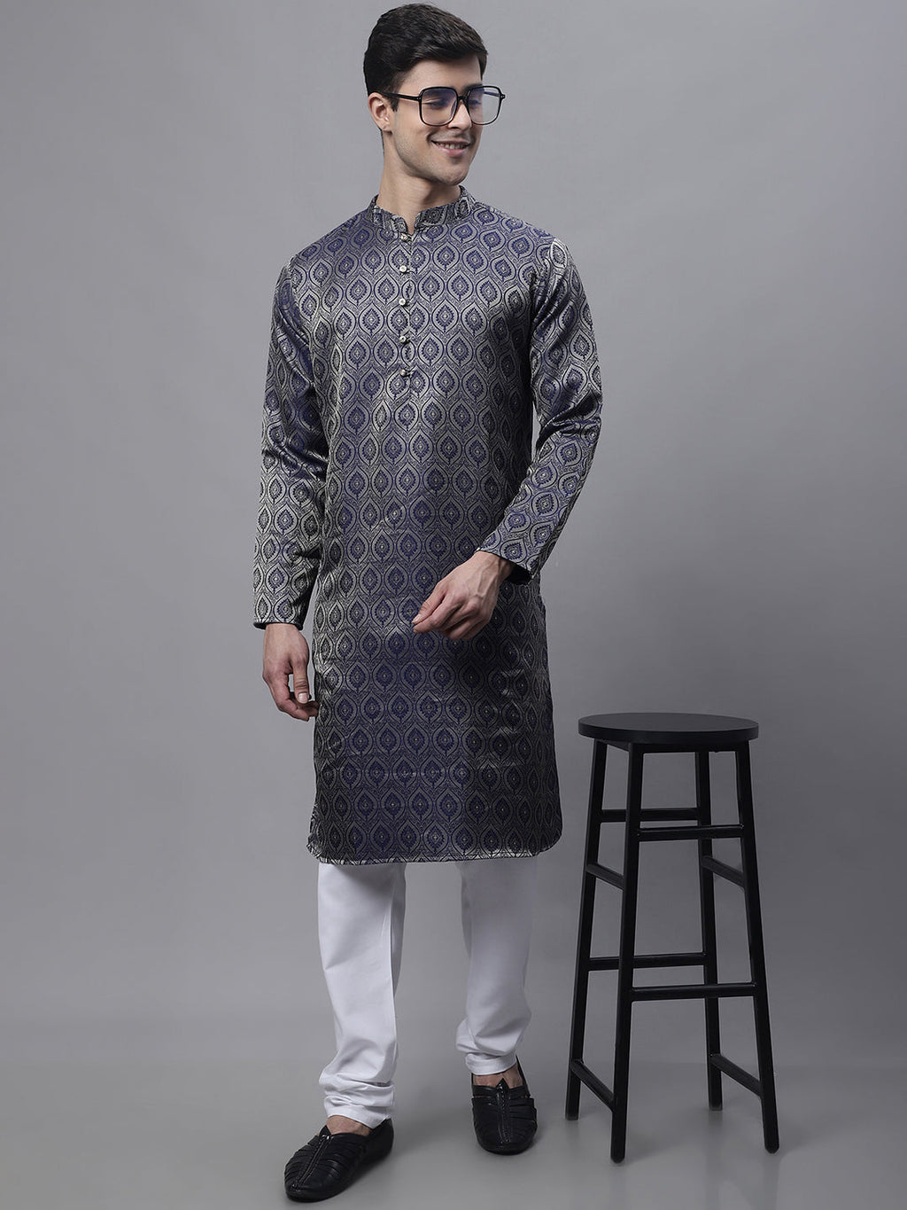 Jompers Men's Ethnic Navy Blue Woven Design Kurta with Pyjamas | Grocsy