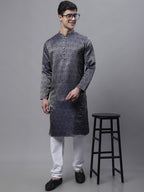 Jompers Men's Ethnic Navy Blue Woven Design Kurta with Pyjamas | Grocsy