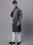 Jompers Men's Ethnic Navy Blue Woven Design Kurta with Pyjamas | Grocsy
